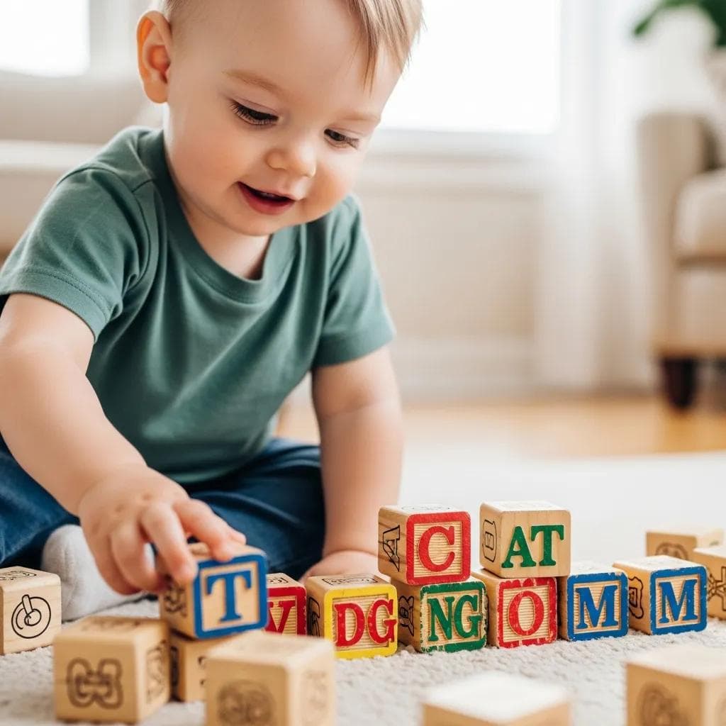 Young child playing with colorful wooden blocks
